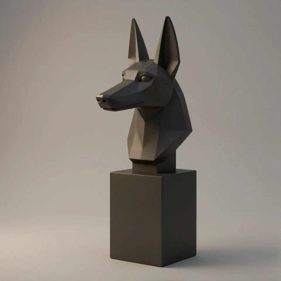 Busto de Anúbis low poly preto sobre base quadrada
