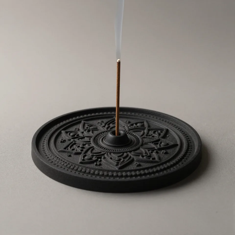 Incensário mandala preto com incenso aceso ao centro