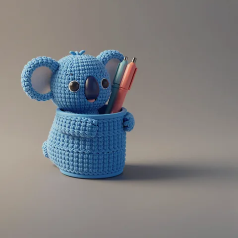 Porta canetas azul com textura de tricô abraçando o copo de canetas