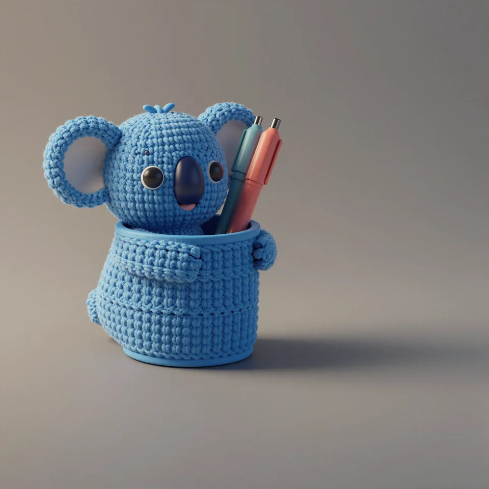 Porta canetas azul com textura de tricô abraçando o copo de canetas