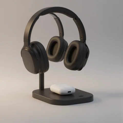 Suporte de headset preto com fone apoiado e estojo na bandeja
