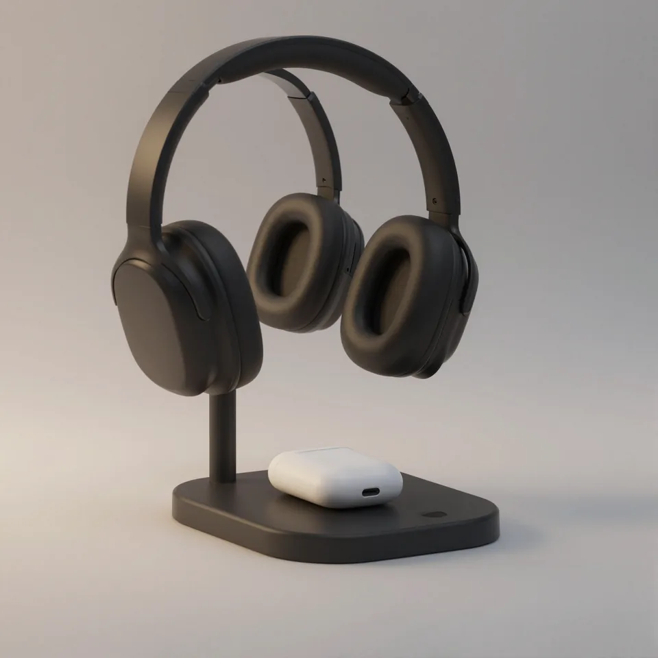 Suporte de headset preto com fone apoiado e estojo na bandeja